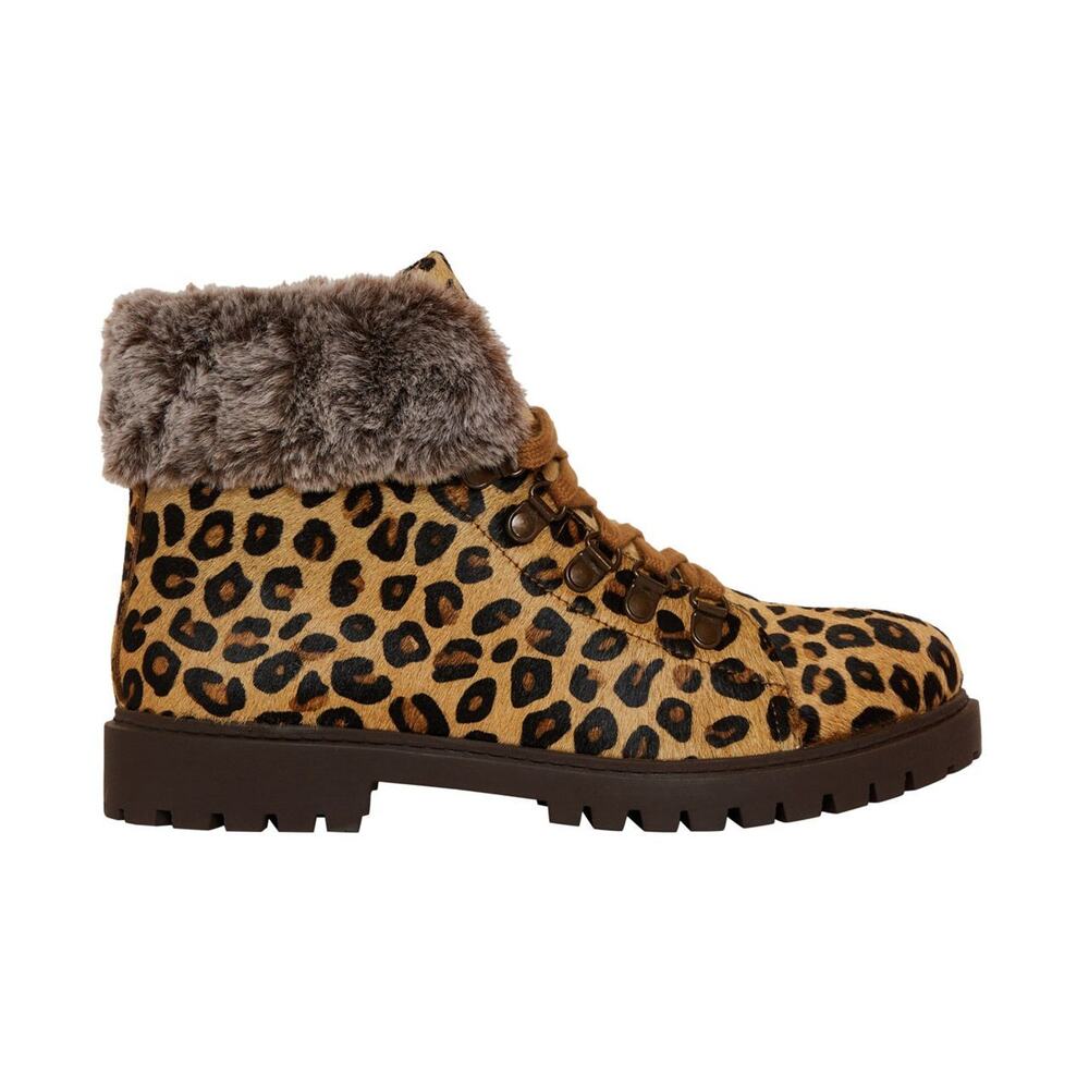Leopard-Chic Hairon Leather Boots Booties Fur Trim Lug-sole Size 6, 7 MyraBag
